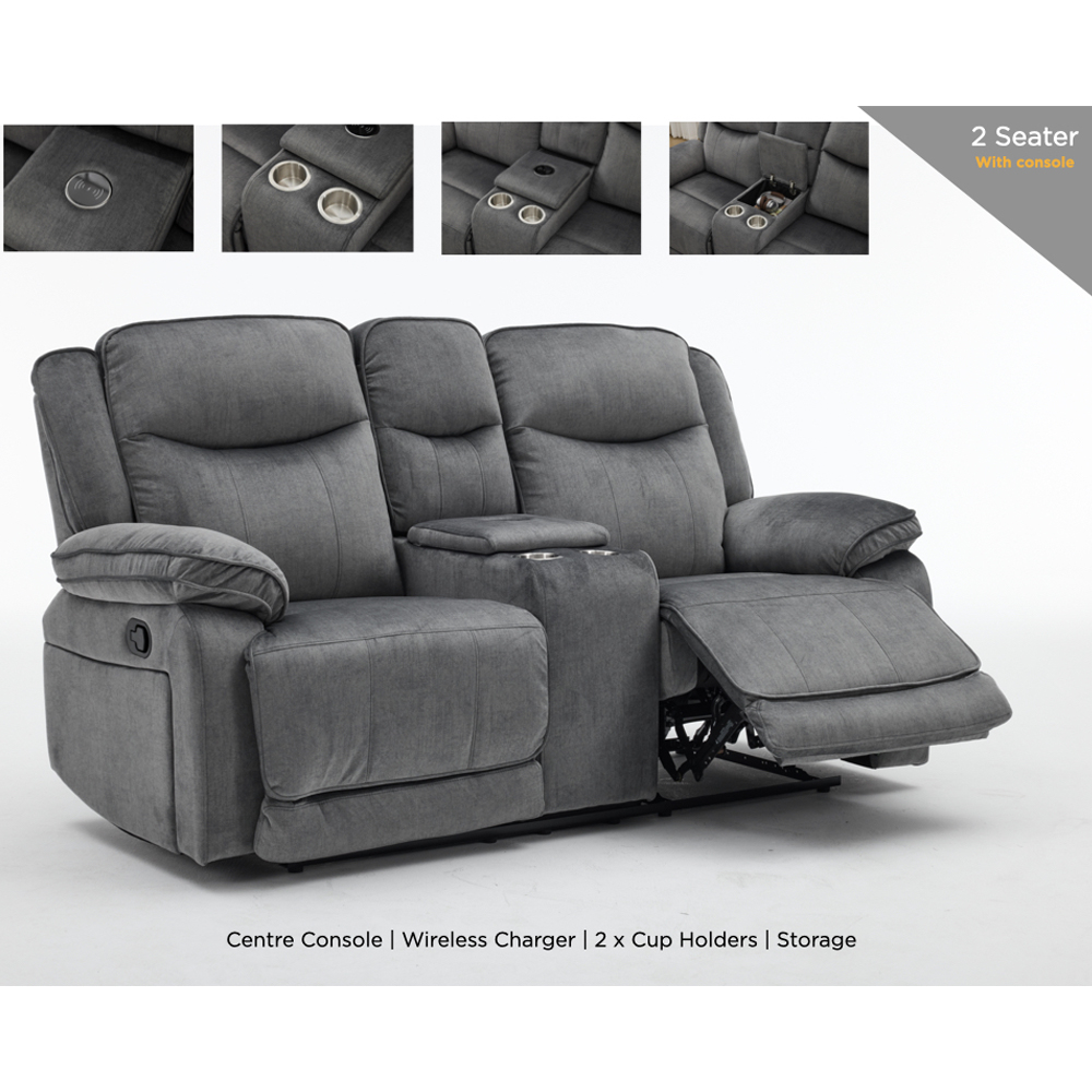 Arvexo Fabric Manual Recliner 2 Seater Sofa with Console in Grey