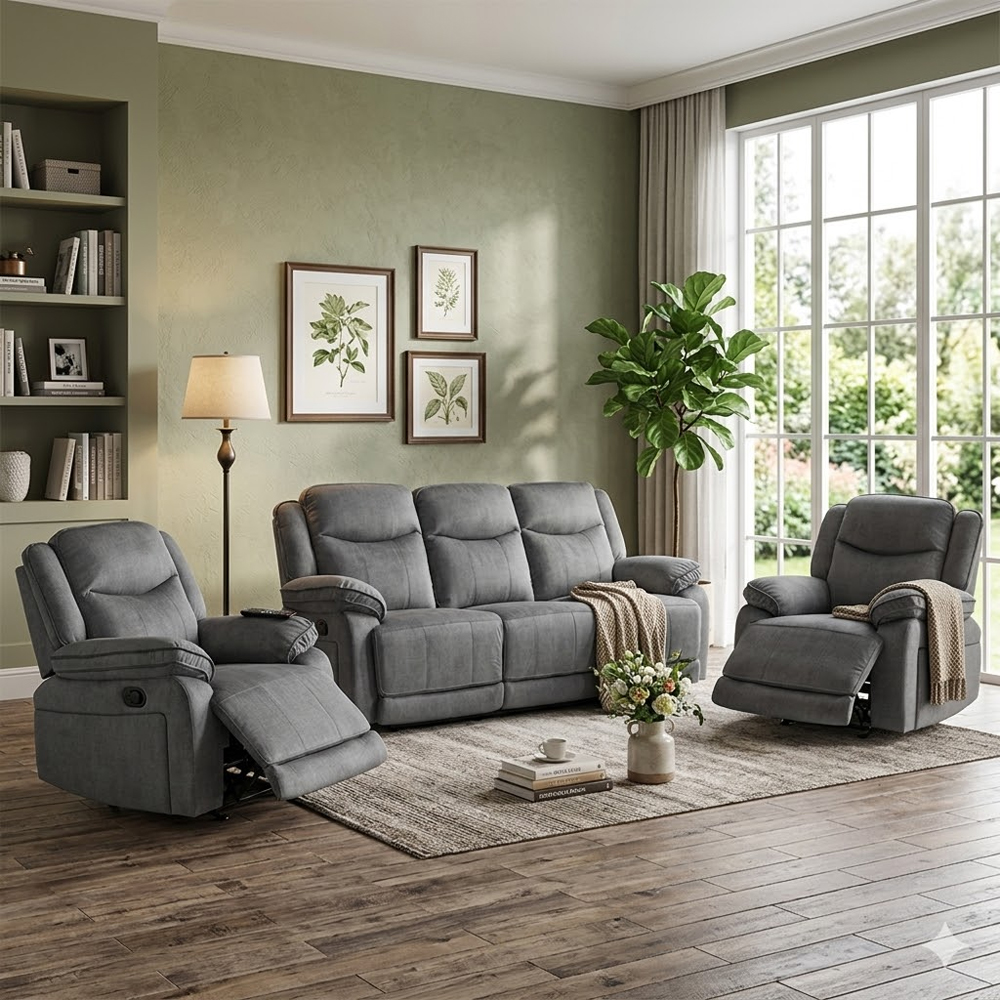 Arvexo Fabric Manual Recliner 3+1+1 Seater Sofa Set in Grey