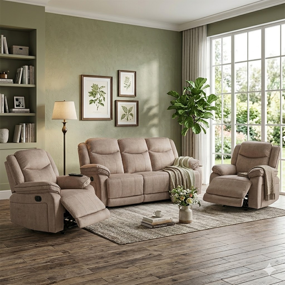Arvexo Fabric Manual Recliner 3+1+1 Seater Sofa Set in Light Brown