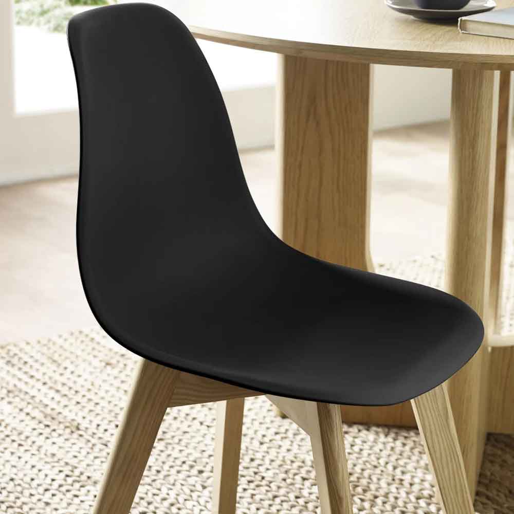 Arvion Black Plastic Dining Chairs with Oak Wooden Legs in Pair