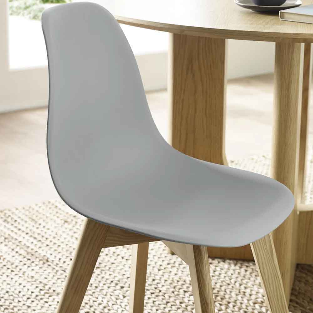 Arvion Grey Plastic Dining Chairs with Oak Wooden Legs in Pair