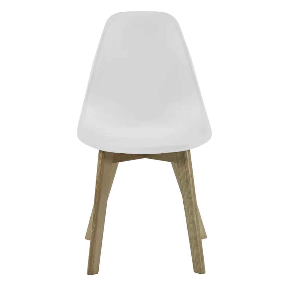Arvion White Plastic Dining Chairs with Oak Wooden Legs in Pair