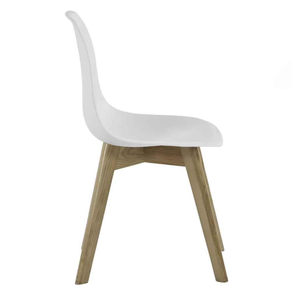 Arvion White Plastic Dining Chairs with Oak Wooden Legs in Pair