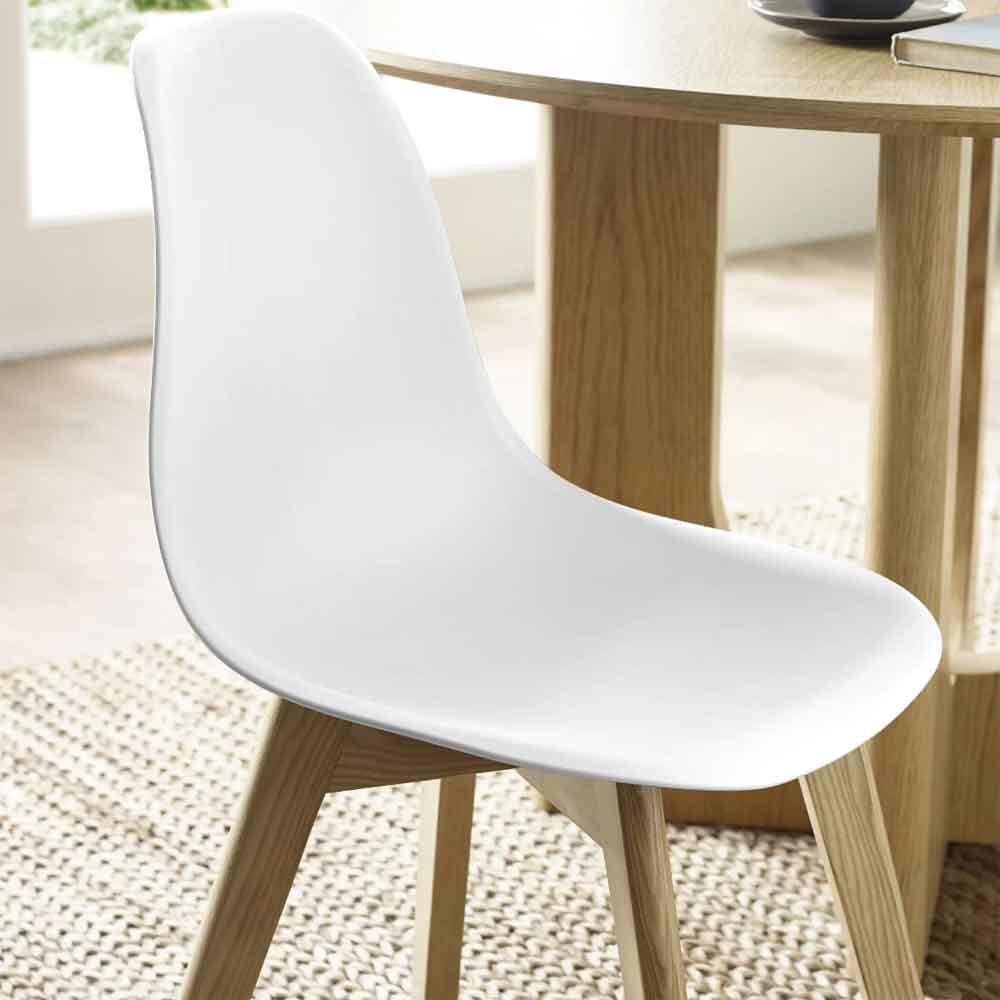 Arvion White Plastic Dining Chairs with Oak Wooden Legs in Pair