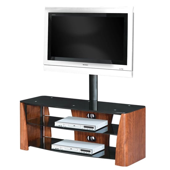 Product photograph of Arya Wooden Tv Stand With Black Glass Shelf In Walnut from Furniture in Fashion