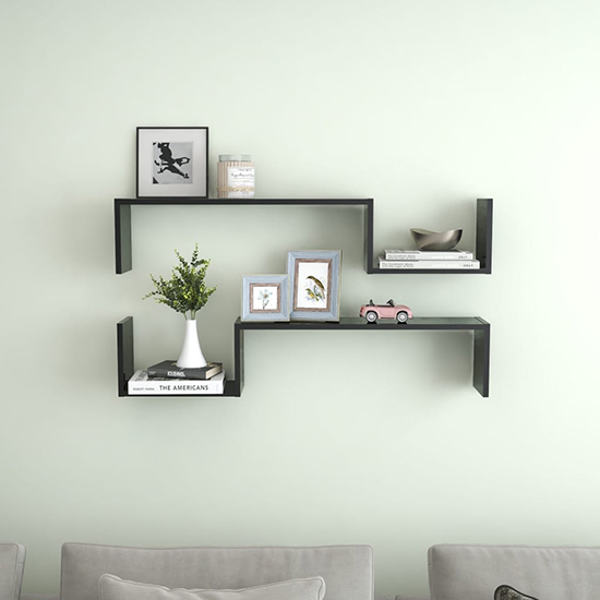 Arzon Set Of 2 High Gloss Wall Shelf In Black Furniture in Fashion