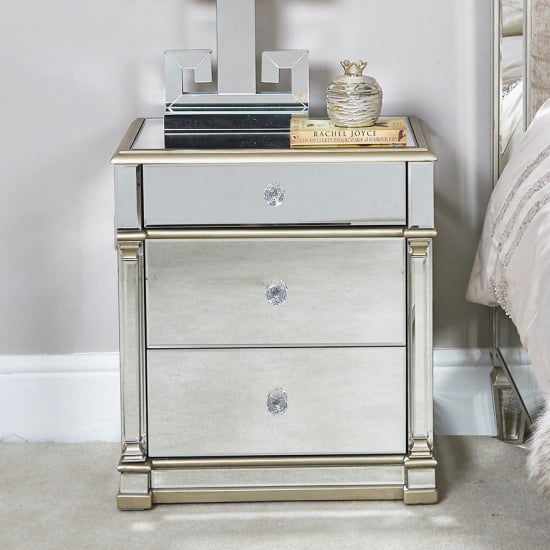 Product photograph of Asbury Mirrored Bedside Cabinet With 3 Drawers In Champagne from Furniture in Fashion