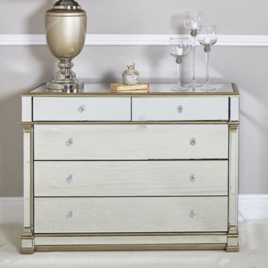 Product photograph of Asbury Mirrored Chest Of 5 Drawers Wide In Champagne from Furniture in Fashion