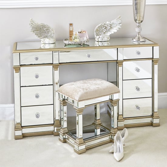 Product photograph of Asbury Mirrored Dressing Table With 9 Drawers In Champagne from Furniture in Fashion