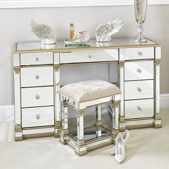 Asbury Mirrored Dressing Table With 9 Drawers In Champagne Furniture