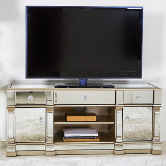 Product photograph of Asbury Mirrored Tv Stand With 2 Doors 3 Drawers In Champagne from Furniture in Fashion