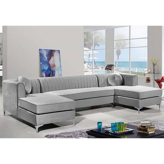 Photo of Asbury u-shape plush velvet corner sofa in silver