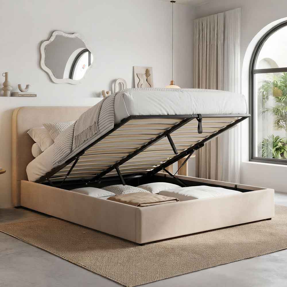 Ascot Fabric Ottoman Storage King Size Bed In Stone