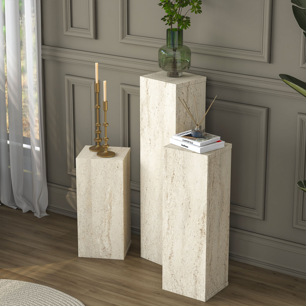 Aserio Wooden Nesting Side Tables in Travertine Marble Effect