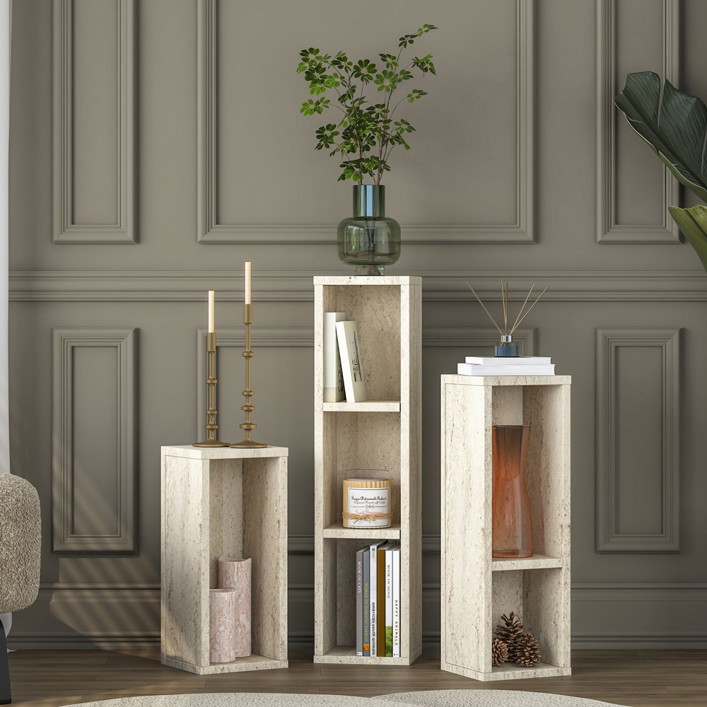 Aserio Wooden Nesting Side Tables in Travertine Marble Effect