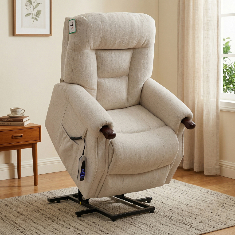 Aseris Fabric Dual Motor Lift Tilt Recliner Chair in Beige