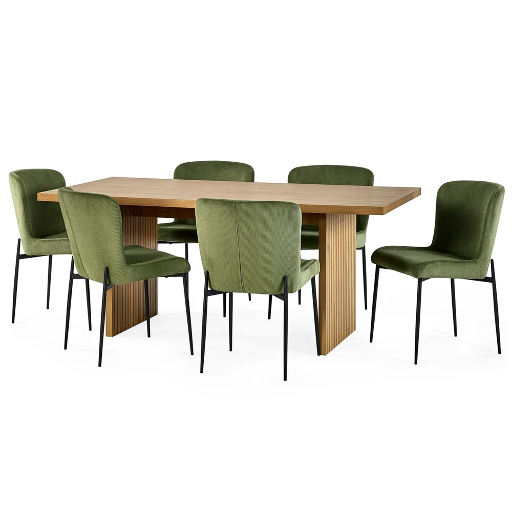 Ashland Light Oak Wooden Dining Table With 6 Luling Green Chairs