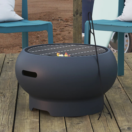 Ashur Ceramic Burning Fire Pit With Grilling In Dark Grey