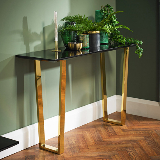 Ashwell High Gloss Console Table In Black With Gold Legs