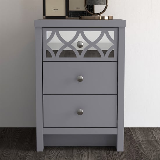 Product photograph of Asmara Mirrored Wooden Bedside Cabinet 3 Drawers In Cool Grey from Furniture in Fashion