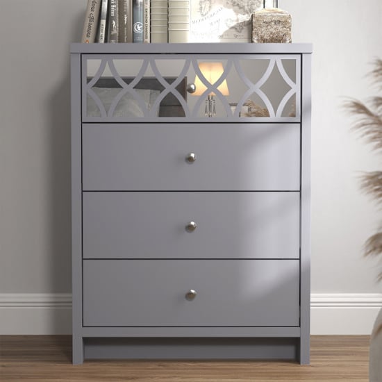 Product photograph of Asmara Mirrored Wooden Chest Of 4 Drawers In Cool Grey from Furniture in Fashion