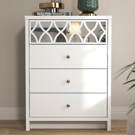 Product photograph of Asmara Mirrored Wooden Chest Of 4 Drawers In White from Furniture in Fashion