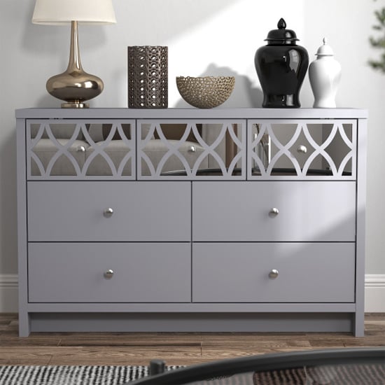 Product photograph of Asmara Mirrored Wooden Chest Of 7 Drawers In Cool Grey from Furniture in Fashion