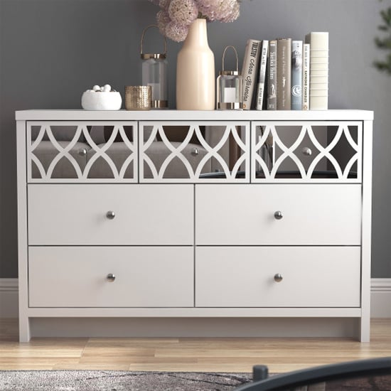 Product photograph of Asmara Mirrored Wooden Chest Of 7 Drawers In White from Furniture in Fashion