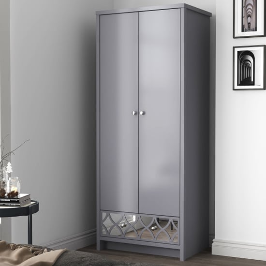 Asmara Wooden Wardrobe 2 Door 1 Mirrored Drawer In Cool Grey
