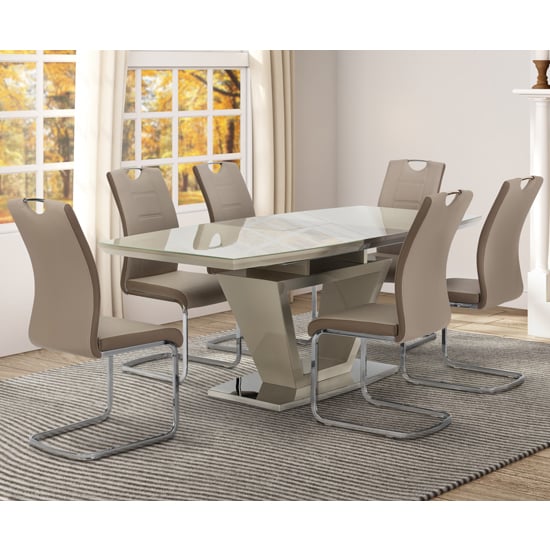 Photo of Aspin latte glass extending dining table with 6 chairs