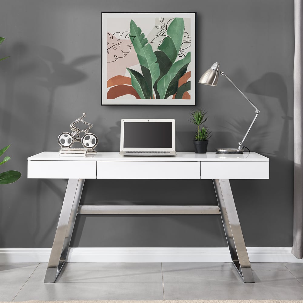 Aspen High Gloss Laptop Desk With 3 Drawers In White