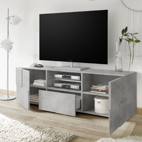 Aspen Wooden Large TV Stand In Concrete With 2 Doors 1 Drawer_2