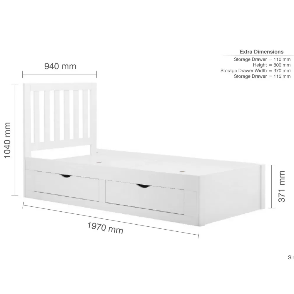 Aspen Wooden Single Bed With 4 Drawers In White