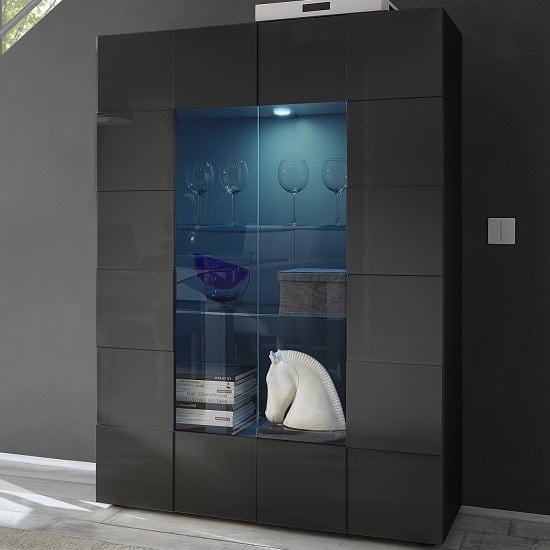 Aspen Modern Display Cabinet In Grey High Gloss With LED