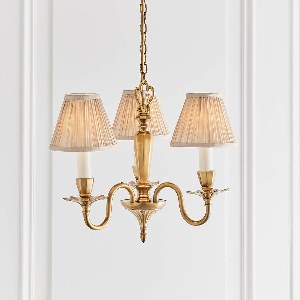 Read more about Asquith beige fabric shade 3 light pendant light in brass