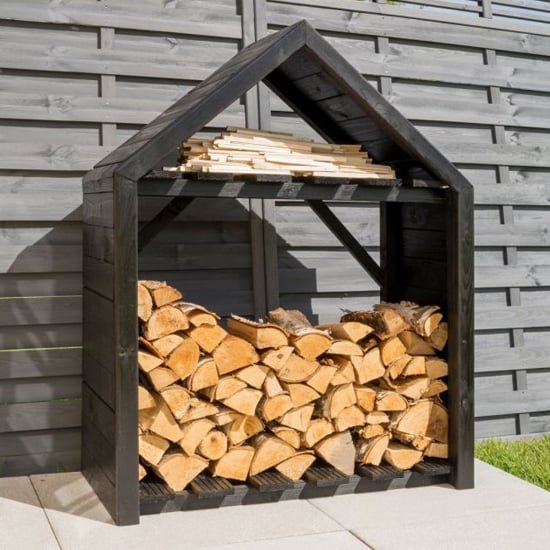 Read more about Assington wooden log store with shelf in black