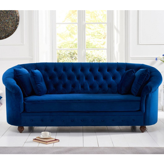 Astarik Chesterfield Plush Fabric 3 Seater Sofa In Blue