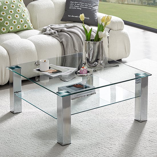 Photo of Aston square clear glass coffee table with chrome legs