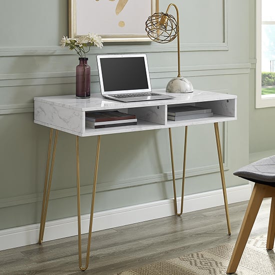 Athens Wooden Computer Desk In White Marble Effect
