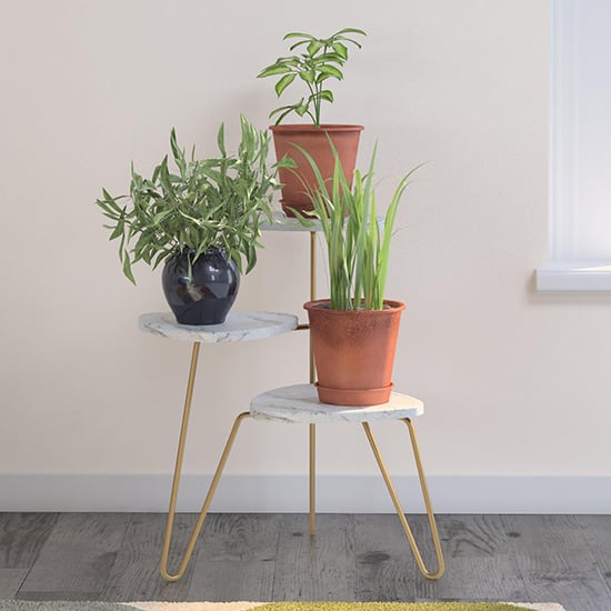 Aynho Wooden Plant Stand In White Marble Effect