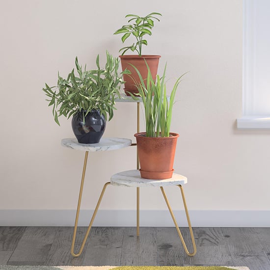 Photo of Athens wooden plant stand in white marble effect