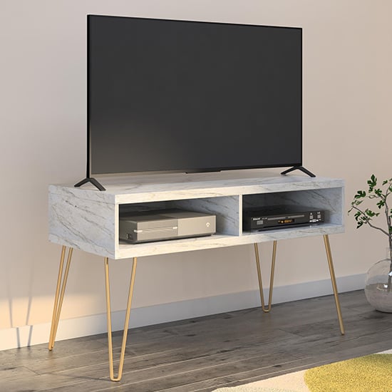 Aynho Wooden TV Stand In White Marble Effect_1