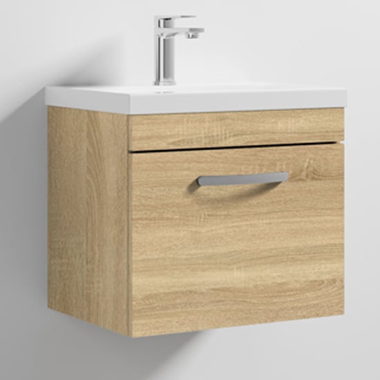 Product photograph of Athenia 50cm 1 Drawer Wall Vanity With Basin 1 In Natural Oak from Furniture in Fashion