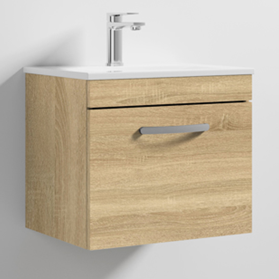 Product photograph of Athenia 50cm 1 Drawer Wall Vanity With Basin 2 In Natural Oak from Furniture in Fashion