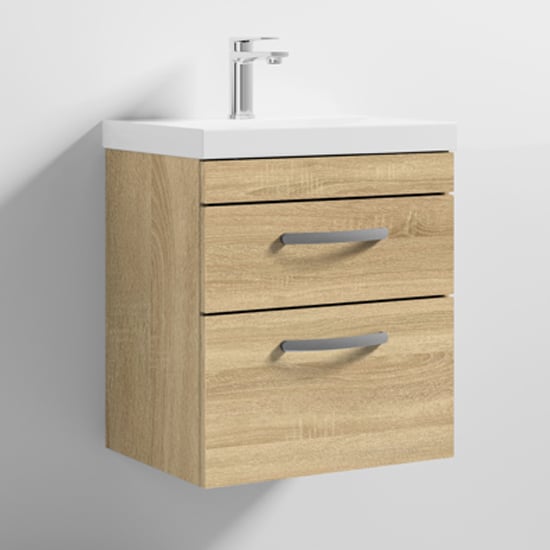 Product photograph of Athenia 50cm 2 Drawers Wall Vanity With Basin 3 In Natural Oak from Furniture in Fashion
