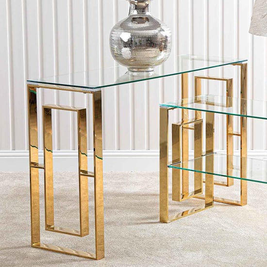 Product photograph of Athens Clear Glass Console Table With Gold Metal Base from Furniture in Fashion