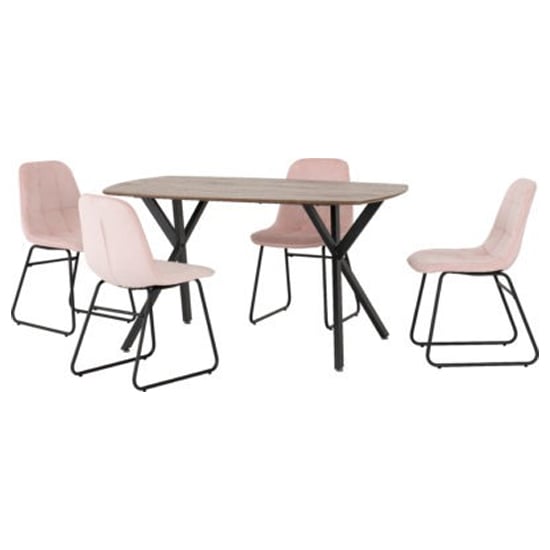 Photo of Alsip wooden dining table with 4 lyster baby pink chairs