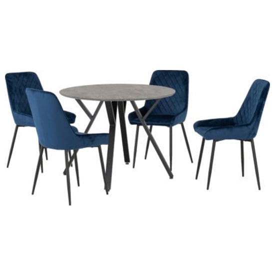 Alsip Round Concrete Effect Dining Table 4 Avah Blue Chairs