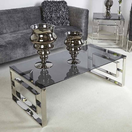 Product photograph of Athens Smoked Glass Coffee Table With Chrome Metal Base from Furniture in Fashion