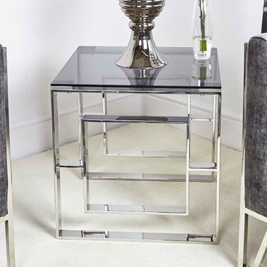 Product photograph of Athens Smoked Glass End Table With Chrome Metal Base from Furniture in Fashion